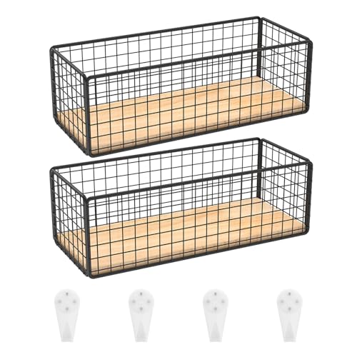 2-Pack Vintage Black Metal & Wood Baskets 25x10x8cm Wall-Mountable Organizer,Rustic Kitchen,Bathroom,Living Room Decor,Minimalist Hanging Shelf for Plants,Books,Toiletries (Black)