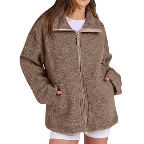 Womens Fuzzy Sherpa Fleece Jacket Oversized Zip Up Winter Coats Warm Stand Collar Outerwear Casual Coat with Pockets2
