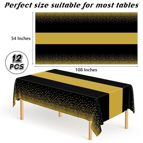 Image of QZYL 12Pack Plastic Table Cloth Disposable, 54 inch x 108 inch Waterproof Black Table Cloths with Gold Dots, Outdoor Tablecloth for Rectangle, Table Cloth Cover for New Years Eve Decorations Holiday Birthday