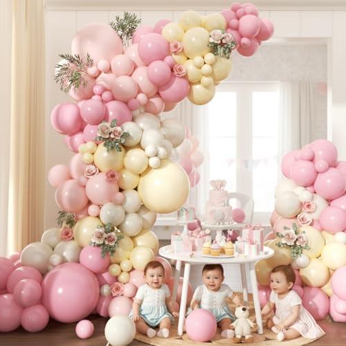 Image of Pink and Yellow Balloon Arch Garland Kit 157pcs, Pastel Pink Light Pink Yellow Sand White Balloons Arch Kit for Birthday Baby Shower Bridal Shower Wedding Bee Bear Themed Party Decorations