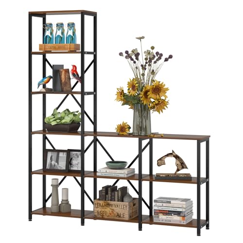 Image of Tribesigns Modern 9 Shelves Bookshelves, Industrial Stepped Ladder Corner Etagere Bookcase, Rustic 6-Tier Display Open Shelf Storage Organizer for Living Room