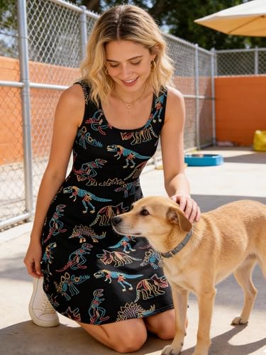 Image of uideazone Women Funny Print Sleeveless U Neck A Line Casual Midi Dress | Soft Stretchy Breathable Fabric Flared Swing Sundress Fitted Waist for Daily Wear 80 /90s Themed Party Beach Vacation Trips