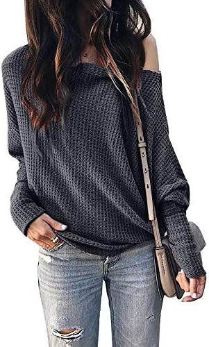 Okvpajdo Women's Off Shoulder Waffle Knit Long Sleeve Loose Pullover Tunic Tops Shirts Sweatshirt Dark Gray