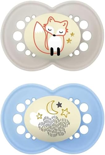 MAM Original Night Succhietto 6+ Mesi (Set da 2), Ciuccio MAM 6-16 mesi che si illumina al buio con tettarella in silicone, Kit da 2 accessori neonato con porta ciuccio sterilizzatore, Azzurro/Neutro