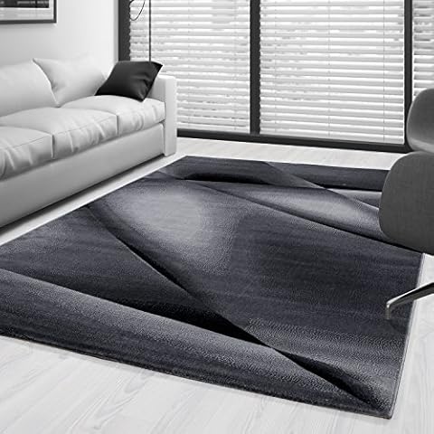 SIMPEX Kurzflor Guenstige Teppich modern geometrisch Lienien Schatten Muster Schwarz Grau Weiss meliert 5 Groessen Wohnzimmer Cover