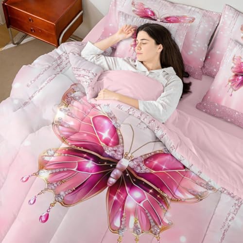 Image of Feelyou Pink Butterfly Comforter Set with Sheets 7 Piece Queen Size Dreamy Princess Bed in a Bag Kids Boys Girls Glitter Bedding Set Watercolor Butterflies Bedroom Decor Breathable Soft