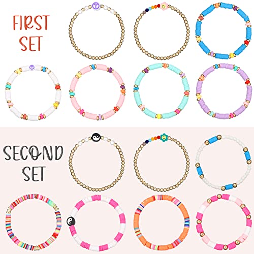 28 Pcs 4 Set Heishi Surfer Bracelets Set Colorful Preppy Smile Evil Eye Beaded Stretch Bracelets Clay Stackable Boho Disc Party Gifts Y2K Aesthetic Summer Beach Jewelry For Women Girls (Cute Style) #TOP1