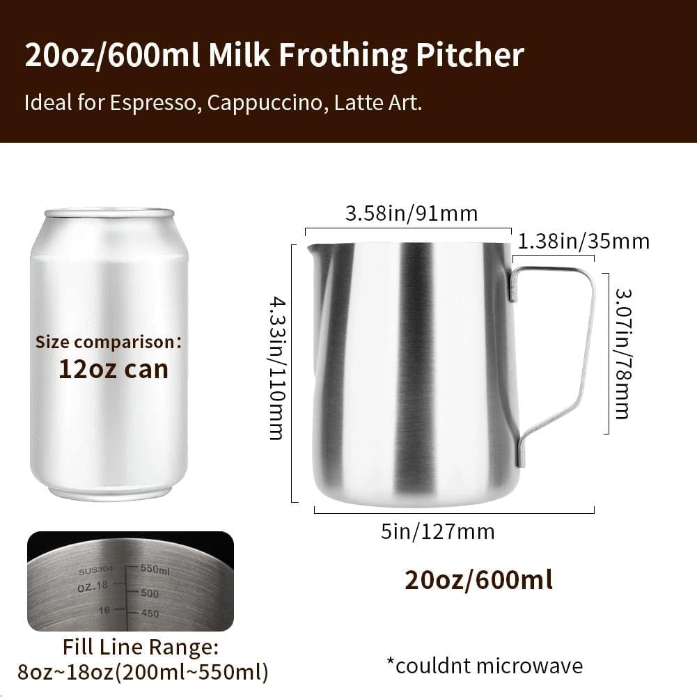 watchget Jarra de espuma de leche de acero inoxidable de 20 onzas/600 ml, jarra de vapor para capuchino, arte con leche, accesorios para máquina de café, jarra de leche, taza de espumador de café