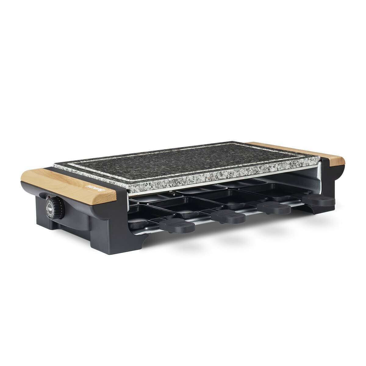 H.Koenig Pietra di cottura 2 in 1 con apparecchio per raclette da 8 persone RP328 design in legno, griglia multifunzione in granito,pietra rimovibile, Accessori: 8 teglie antiaderenti