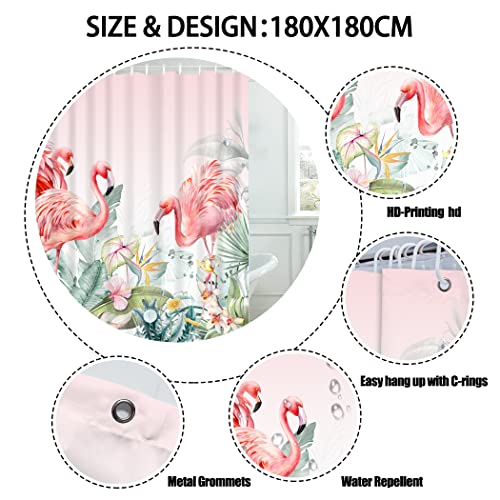 Cyrekud 72" X 72" Summer Flamingo Shower Curtain Tropical Watercolor Floral Leaves Bathroom Set Pink Flamingo Home Bath Bathtub Decor Durable Fabric Machine Washable With 12 Hooks #TOP3