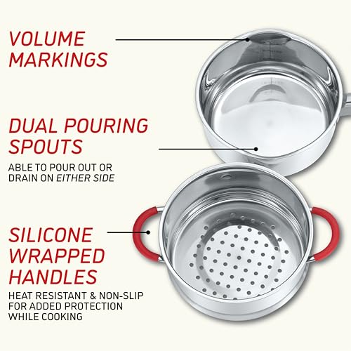image for Concord Stainless Steel SIMPLE POUR Saucepan with Steamer Tier. Vented