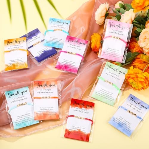 Birthday Party Favor Bracelets Beaded Rainbow Clay Heart Bracelet with Thank You Wish Gift Card for Kids Girls Birthday Party Supplies Bags Suffer with Different Themes4