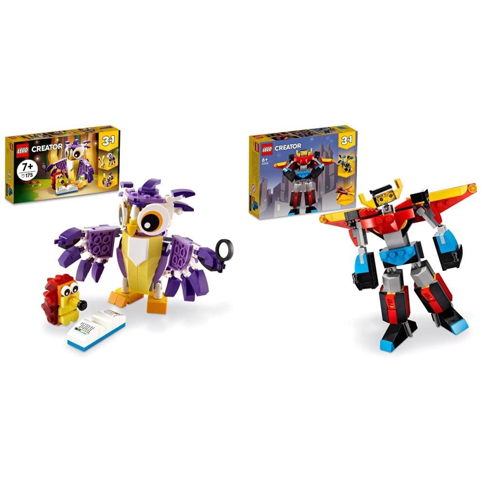 LEGO 31125 Creator 3in1 Fantasy Forest Creatures - Rabbit to Owl to Squirrel Brick Built Figures, Woodland Animal Toys Set for Kids & 31124 Creator 3in1 Super Robot Toy to Dragon Figure to Jet Plane