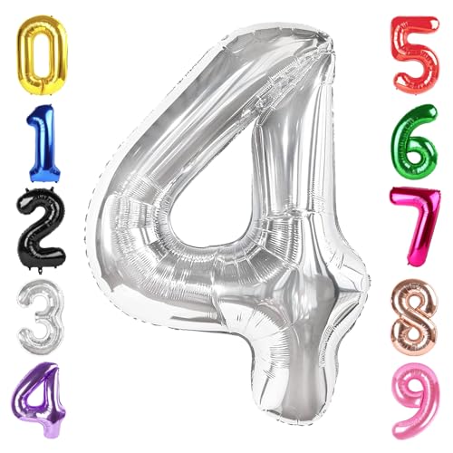 Image of 40 Inch Silver Number 4 Balloon Birthday Party Decorations for Men & Women | 40 Inch Silver inflatable foil number balloons, large birthday decorations for 4th birthday