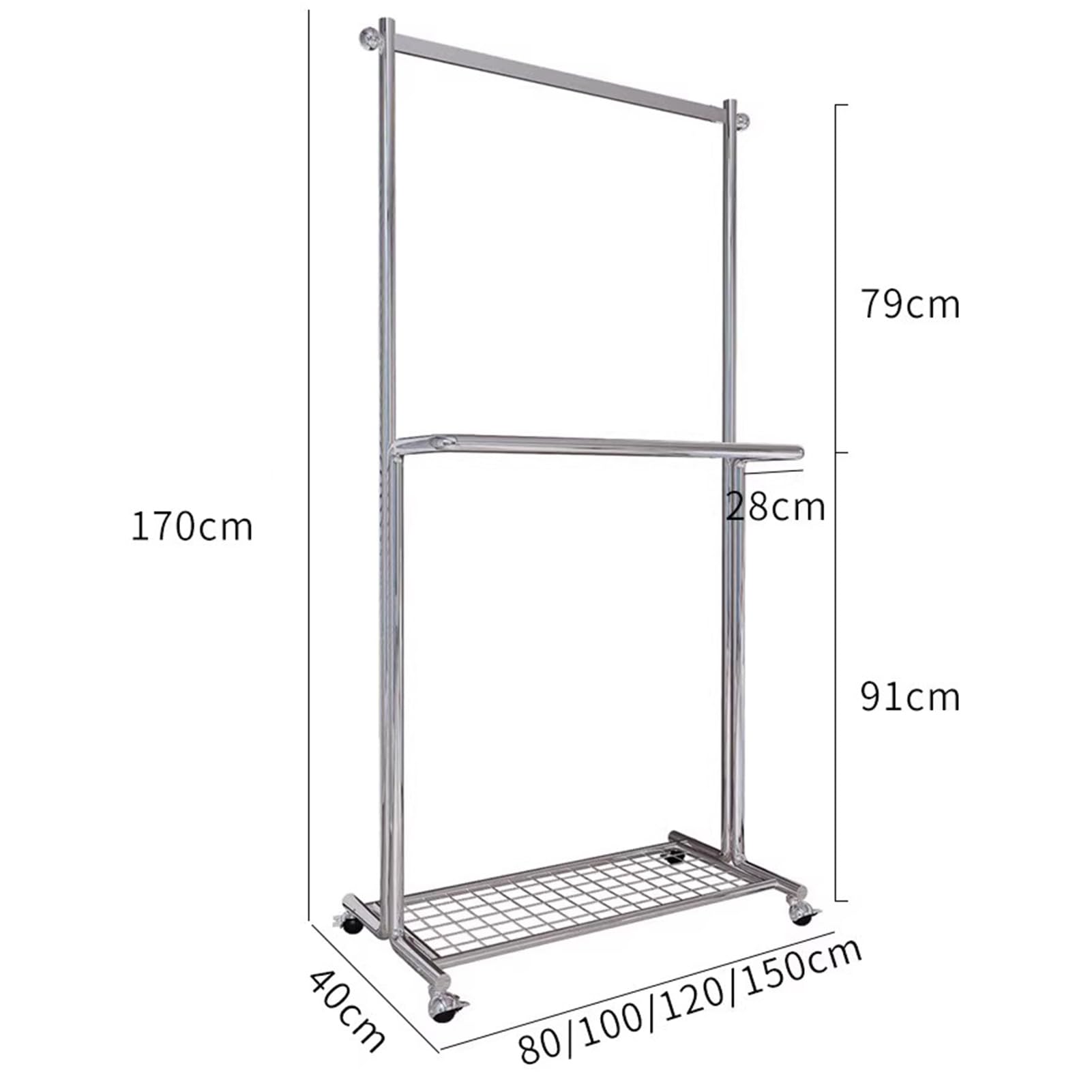 Stand Appendiabiti Porta Abiti A Doppia Asta Con Ruote, Appendiabiti In Acciaio Inox Argento Con Ripiani, Organizador De Armario Portátil Para Dormitorio Y Sala De Estar, Attaccapan(Size:120X40X170CM)