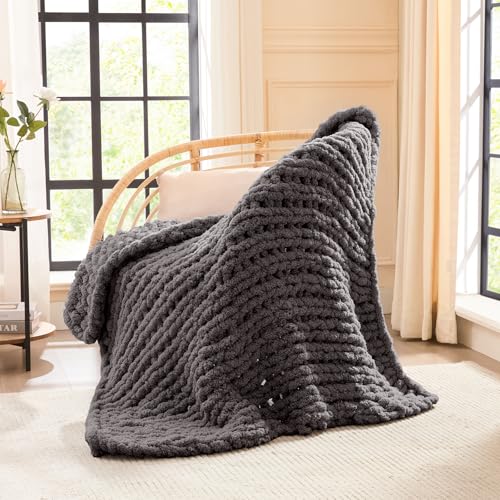 Image of L'AGRATY Chunky Knit Throw Blanket for Couch, 40 x 50 Inches, Dark Grey