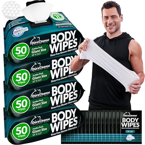 Image of Bulk Body Wipes for Men - Max Clean - No Rinse Shower Wipes - 200 Ct (4pk) | Adult Wipes for Long Shifts & Worksites, PHA & Zinc Odor Control, Tea Tree & Lemongrass, Extra-Thick Cloth, XL 10x11.5 in