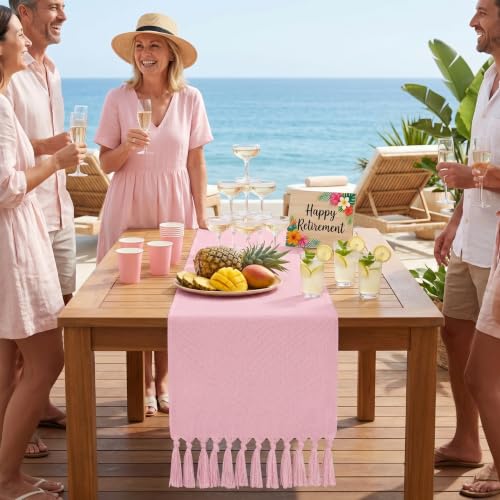 yuboo Pink Table Runner 72 Inches Long, Boho Woven Linen Farmhouse Dresser Table Runners with Tassels, Blush Pink Textured Table Decor for Kitchen Dining, Wedding, Party, Bridal Shower, Baby Shower — view 6