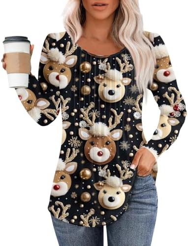 Womens Long Sleeve Christmas Graphic Tees Casual Tunics Tops Holiday Fashion T-Shirts