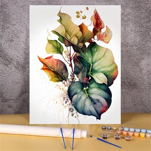 Peinture Par Numero Adulte Plante feuillue,Kit de Peinture à l'huile sur Toile Bricolage avec 3 Pinceaux et Acryliques pour Décoration et Cadeaux avec Cadre - 50x65cm