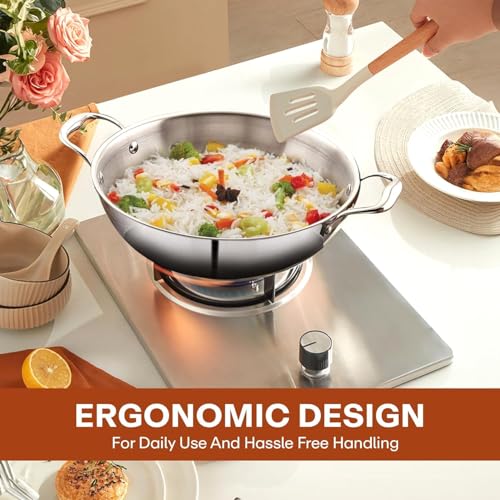 Image of Mumma's LIFE Triply Stainless Steel Kadai | 2.3 L /22cm Without Lid | Kadai for Cooking Stainless Steel Triply | 2.5mm Thick with Heavy Bottom | Designed for Gas or Induction