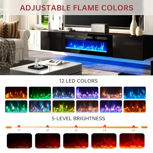 oneinmil 70" Floating TV Stand with 36" Electric Fireplace, Wall Mounted Fireplace Entertainment Center with Storage, Fire Place TV Console for Living Room, All Black