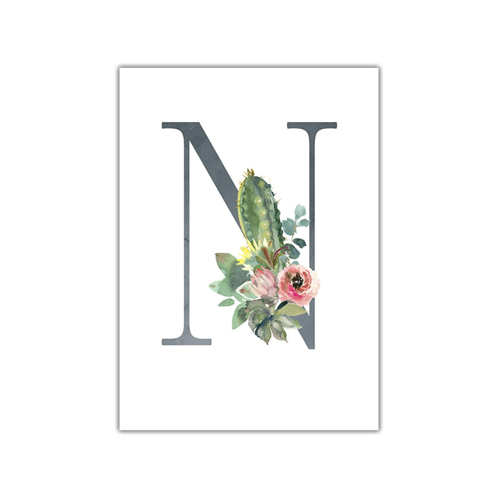 dsdsgog Letra N Nombre personalizado Pósteres Arte floral Impresión en lienzo Bebé Guardería Cuadro de pared Pintura en lienzo para niños Niña Dormitorio Decoración 60x90cm Sin marco