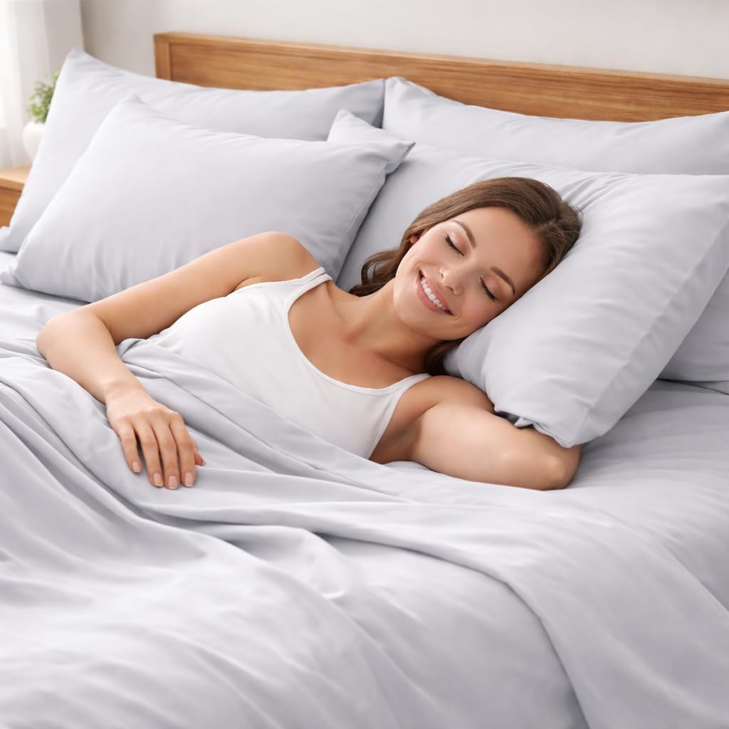 Mattress-Homes 6 Piece California King Sheet Set with 4 Pillowcases, 100% Cotton Sheets, Cooling Sateen Weave, Luxury Deep Pocket Bedsheets Set, Light Grey Solid