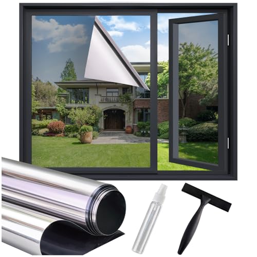 Lifetree Spiegelfolie Fensterfolie Fenster Sichtschutz, Selbsthaftend Sonnenschutzfolie Blickdicht von aussen 44.5 x200 cm, UV-Schutz Hitzeschutzfolie Verdunklungsfolie Folie Silber