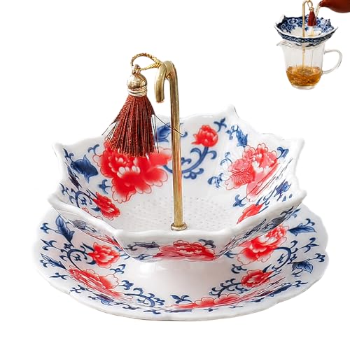 Umbrella Shape Ceramic Tea Strainer, Chinese Blue & White Porcelain Loose Leaf Filter with Rotating Design, Multi-Purpose Tea In