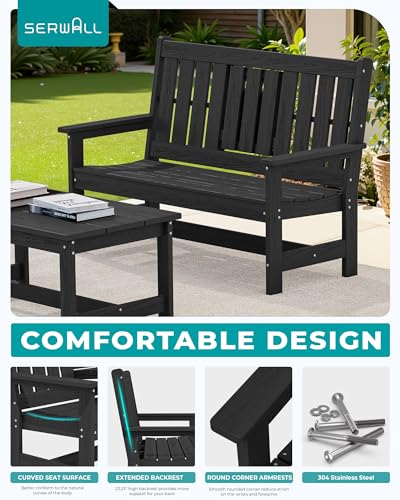 Image of SERWALL HDPE Outdoor Bench with Cup Holder Oversized 58 inch Porch Bench, Black