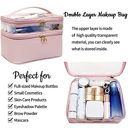 Makeup Bag,Leather Double Layer Large Makeup Organizer Bag,Travel Accessories Dorm Room Essentials Toiletry Bag For Women,Travel Essentials Cosmetic Bag Makeup Case,Valentines Day Gifts For Her Wife #TOP2