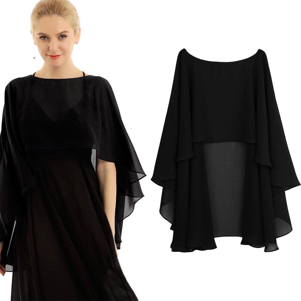 Casiler Women's Black Capelet Sheer Chiffon Cape Shawls Wrap Soft Bridesmaid Bridal Cape Wrap Evening Wedding Cover Up For