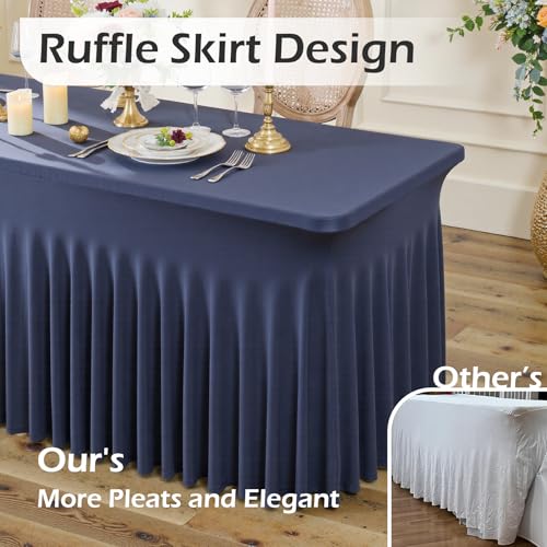 Image of 4 pk Navy Blue Spandex Tablecloth 6ft with Ruffled Skirt, Wrinkle Free High Stretch Fitted Tablecloths for 6 Foot Rectangle Tables, Elastic Navy Spandex Table Covers 6 ft for Graduation Wedding Party