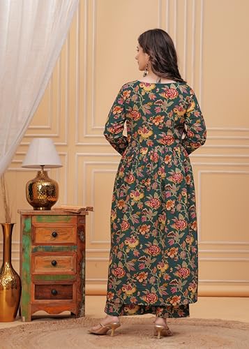 Image of MEERA FAB Women's Cotton Blend V-Neck Anarkali Printed Kurta with Palazzo & Dupatta