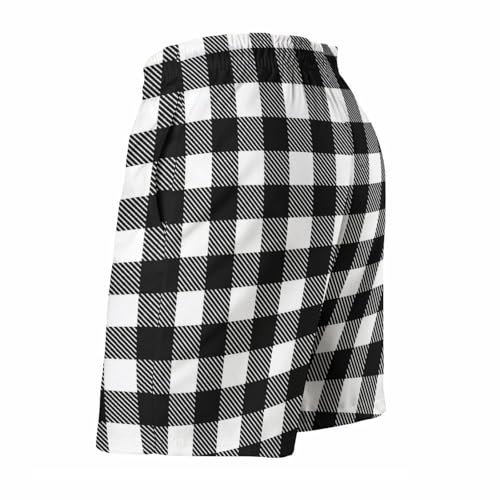 Black White Twill Stripe Plaid Print Mens Swim Trunks, Quick Dry Swim Shorts with Mesh Lining Swimwear Bathing Suits4