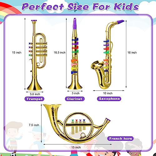 Treela Set of 4 Musical Instruments Toy Clarinet, Toy Saxophone, Toy Trumpet and Toy Horn for Beginners 4 Wind and Brass Musical Instruments Combo with over 10 Color Keys Coded for Boys Girls (Gold) - Thumbnail 2