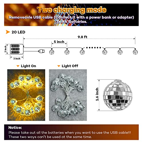 AceList 20 LED Disco Ball String Light for Mamma Mia 70s 80s 90s Dance Party, Disco Ball Decor Battery Powered and USB Plug Disco Lights for Christmas Tree Holiday Window Decorations Indoor (Yellow)