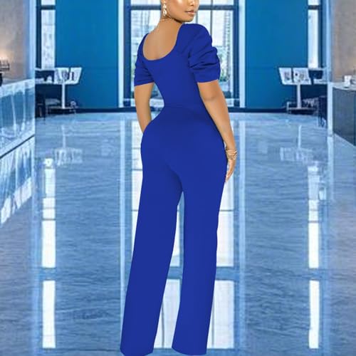 Image of PaladMom Womens Elegant Plus Size Jumpsuits Sexy Back zipper Short Sleeve Mid Waist Wide Leg Straight Rompers