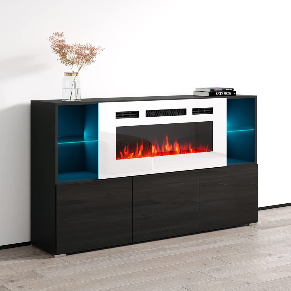 Meble Furniture Komi WH03 Fireplace Sideboard - Modern & Stylish Rectangular Sideboard Table with Ample Storage Space - Durable Sideboard for Living Room or Dining Area with Electric Fireplace - Black