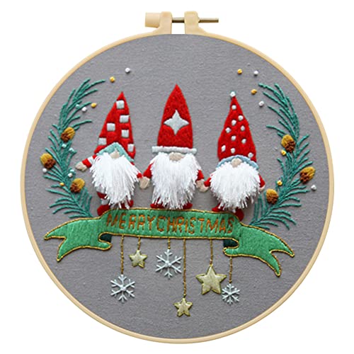 Feltsky Christmas Gnomes Embroidery Kits for Beginners with Pattern, Cotton Threads, Needles, Instruction, 20cm Hoop - Gift for Mom, Grandma