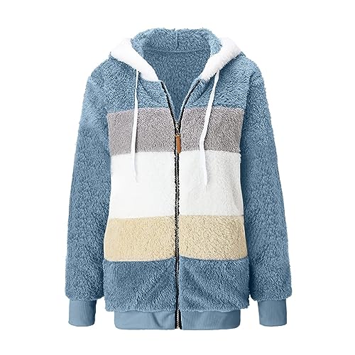 Fuzzy Fleece Jackets for Women Plus Size Hoodies Fall Winter Coats Color Block Patchwork Cardigan Coat with Pockets