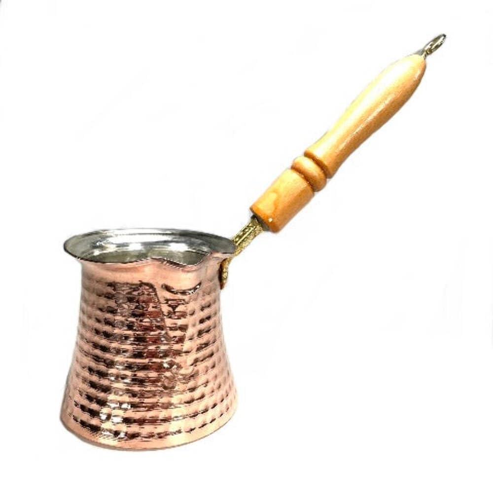 Paykoc Imports Turkish Coffee Pot Cezve Copper with Nickle Lining and Wood Handle 1 1/4 Cup