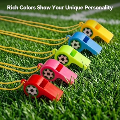 Image of Proberos 5 Pcs Sports Whistle for Coach, Football Shape Plastic Whistles, Colorful Loud Sports Cheer Whistles with Neck Straps for Games Lifeguard Survival Emergency Events