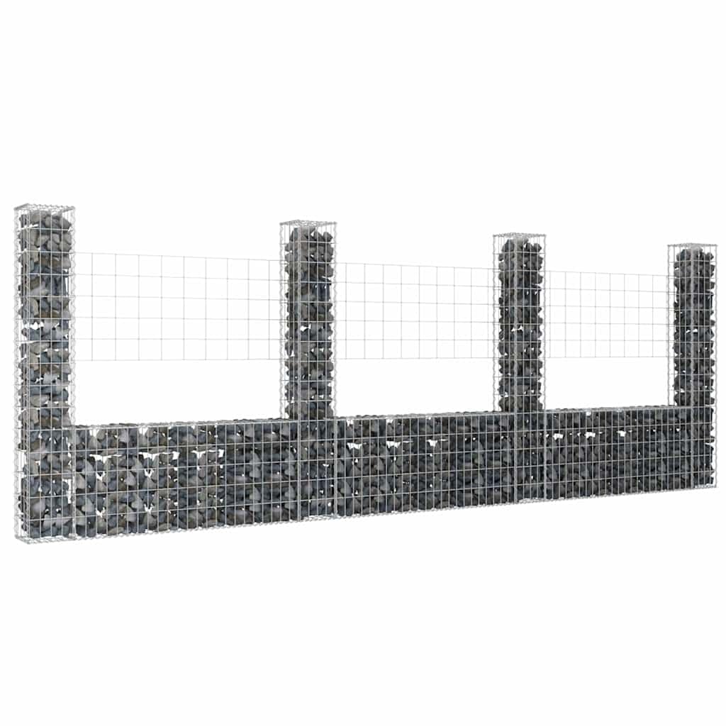 Gabionenkorb U-Form mit 4 Säulen Eisen Silber 380x20x150 cm
