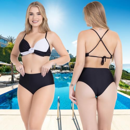 Biquíni Feminino Com Bojo Transpassado Alcinha Alta Sustentação Flor Bicolor Calcinha Cós Alto Model