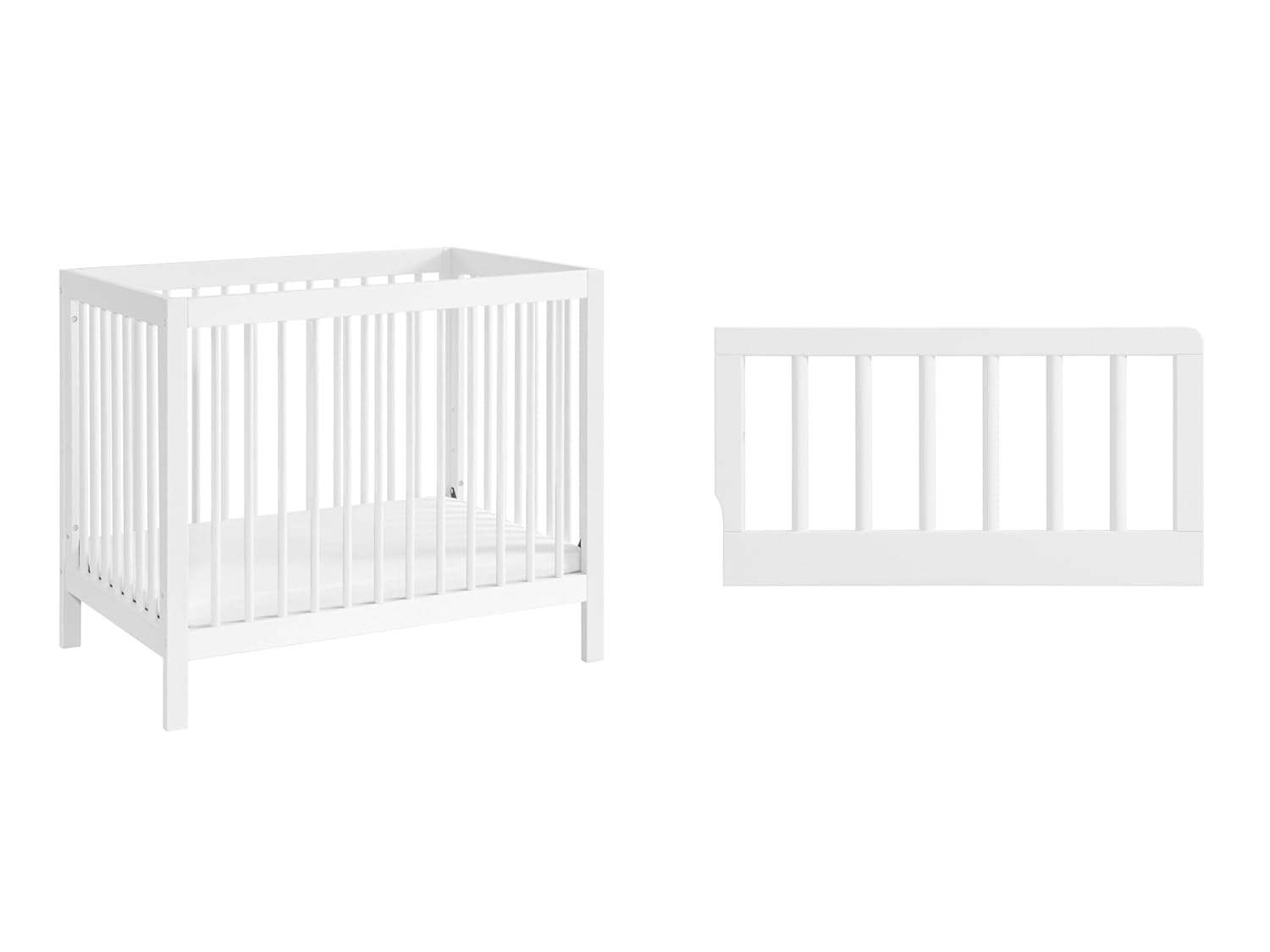 Oxford Baby 2 PC Nursery Set Essentials Island Mini 4-in-1 Convertible Baby Crib with Round Spindles, White Essentials Mini Crib to Toddler Bed Guard Rail Conversion Kit, White