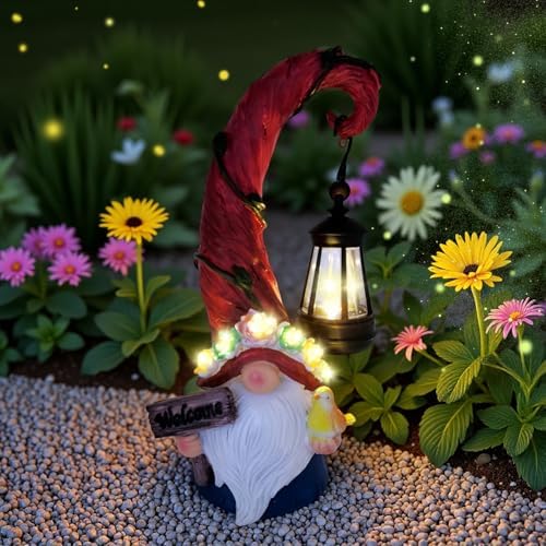Evursua Solar Outdoor Figurine Lights Gnome Garden Decor Statue with LED Lantern, Glowing Fairy Yard Decorations for Outside Patio Yard Front Porch, Housewarming Home Decor Gifts Thanksgiving