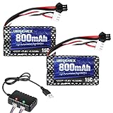 URGENEX 7.4V 800mAh Li-ion Battery 2S Rechargeable Battery with SM2P Plug Fit for WPL MN RC Cars, H101 RC Boats and Anstoy Gel Ball Blaster 2 Pack Batteries with 1 Battery Charger(1 to 2)