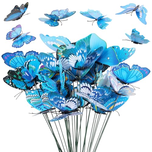 Wolpark 30PCS Blue Butterfly Decorations Waterproof Butterfly Decorative Garden Stakes Artificial Butterflies for Flower Arrangements Outdoor Indoor Spring Garden Decor